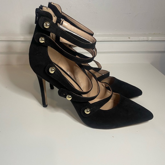 BCBGeneration Shoes - BCBGeneration Black Strappy Stilletto Gold Studs Zip back heels Size 11